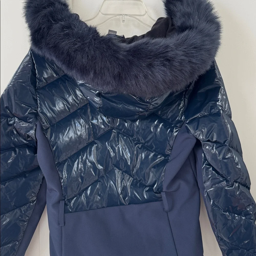 Sweaty Betty Navy Quilted Ski Jacket with Faux-Fur Hood